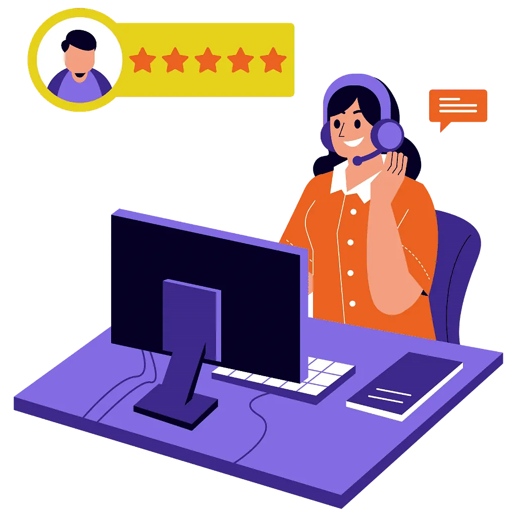 A woman sitting at the front desk of customer support, talking on the phone.