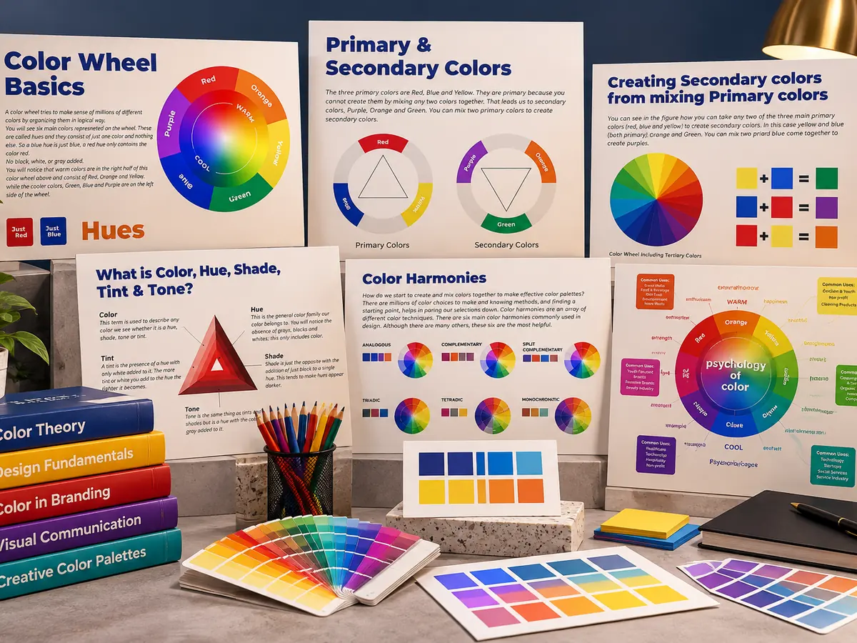 Colour theory charts and swatches on a designer's desk