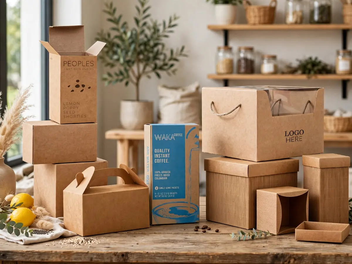 Kraft boxes and cartons stacked on shelves