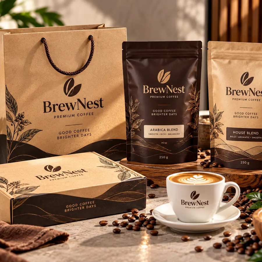 A coordinated set of branded bags, pouches and boxes