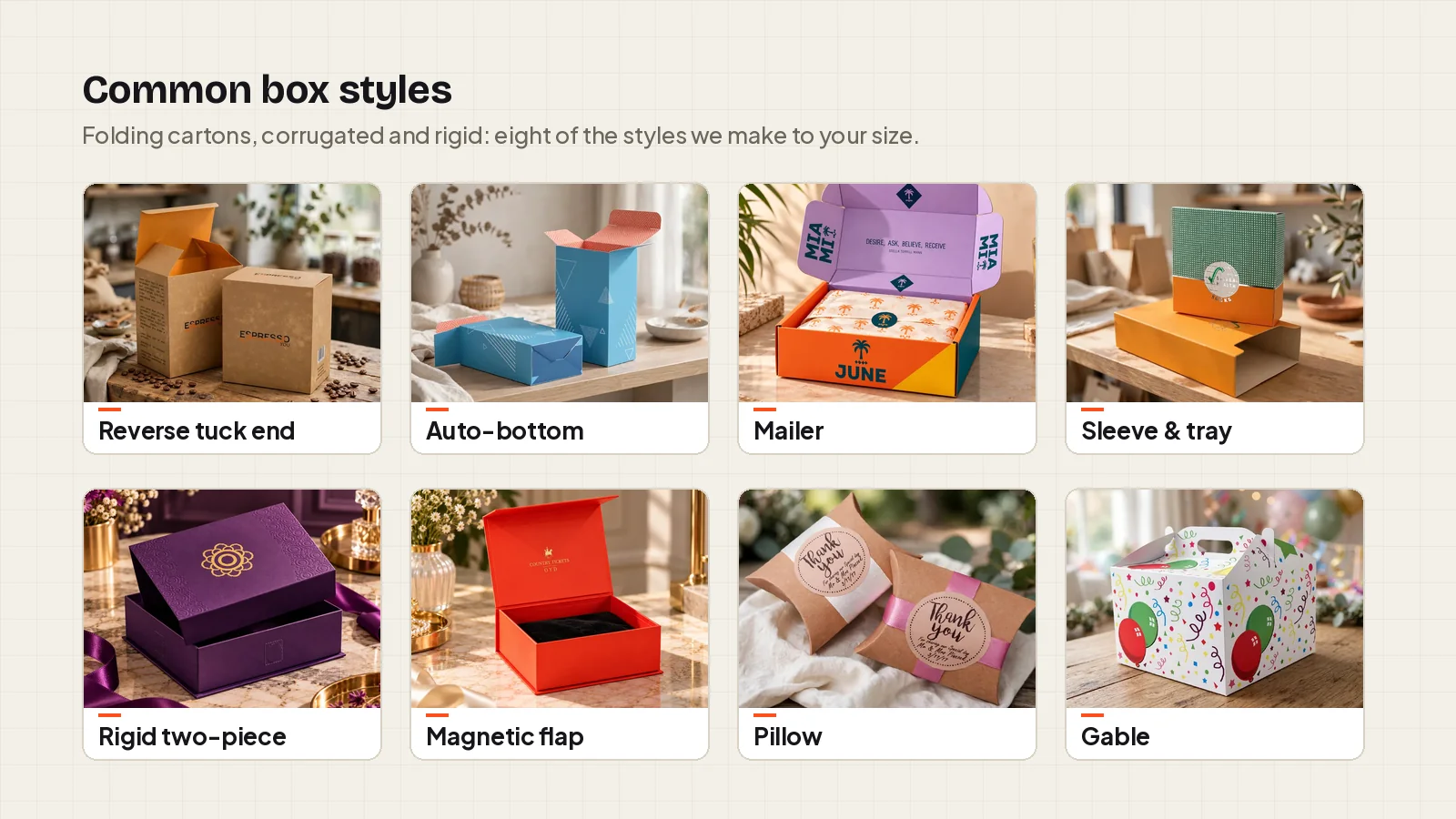 Eight common box styles: reverse tuck end, auto-bottom, mailer, sleeve and tray, rigid two-piece, magnetic flap, pillow and gable