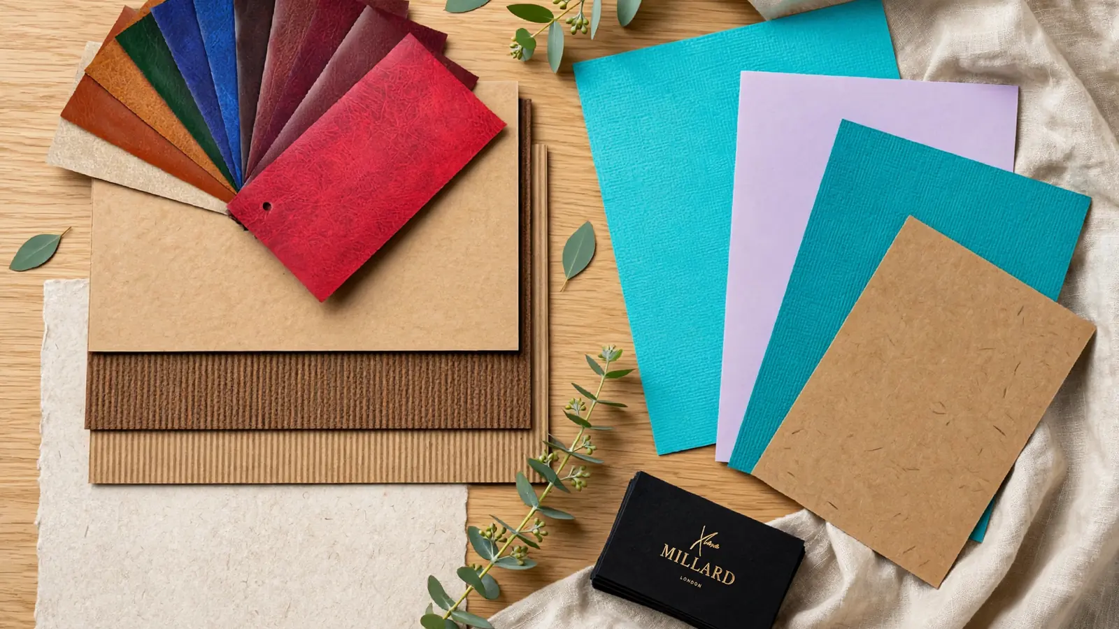 Coloured card, kraft board and textured paper stock samples
