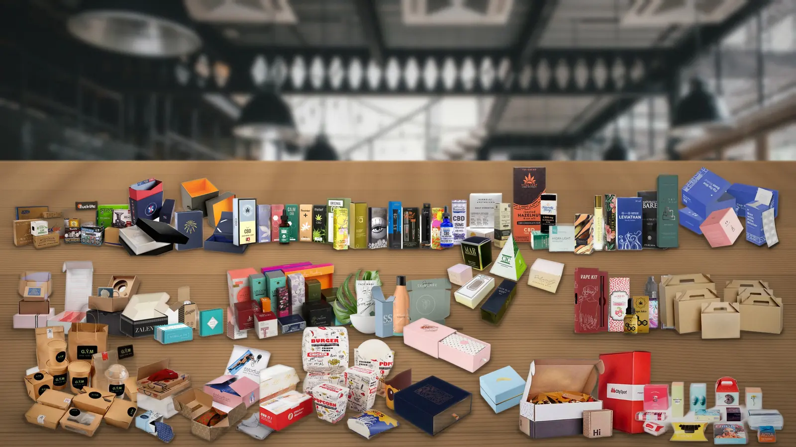 A wall of custom printed boxes, cartons and bags