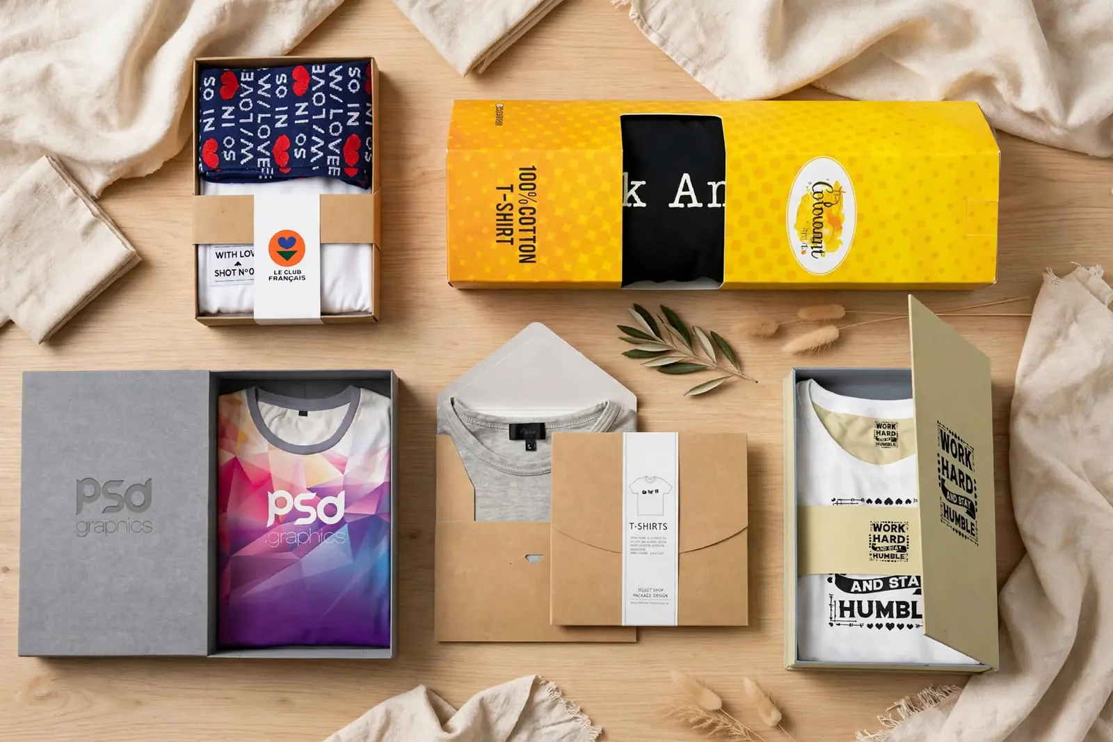 Shirt boxes and apparel packaging laid out flat