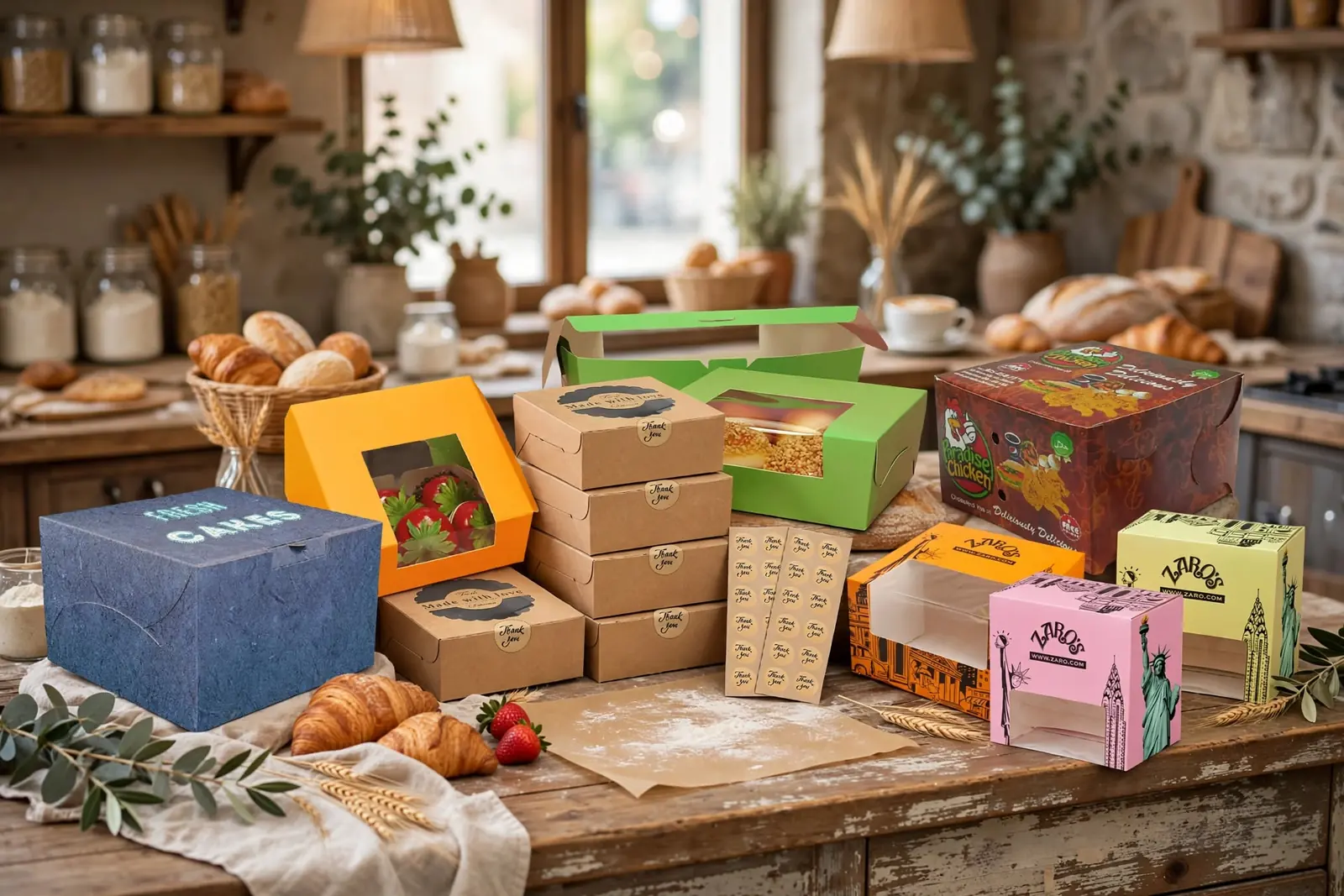 Bakery and cake boxes with windows in a café