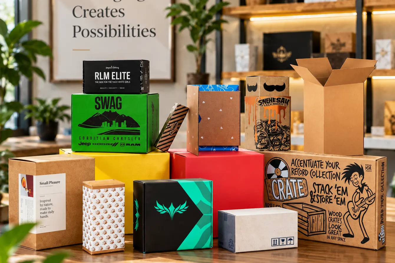 Shipping crates and printed corrugated boxes stacked together
