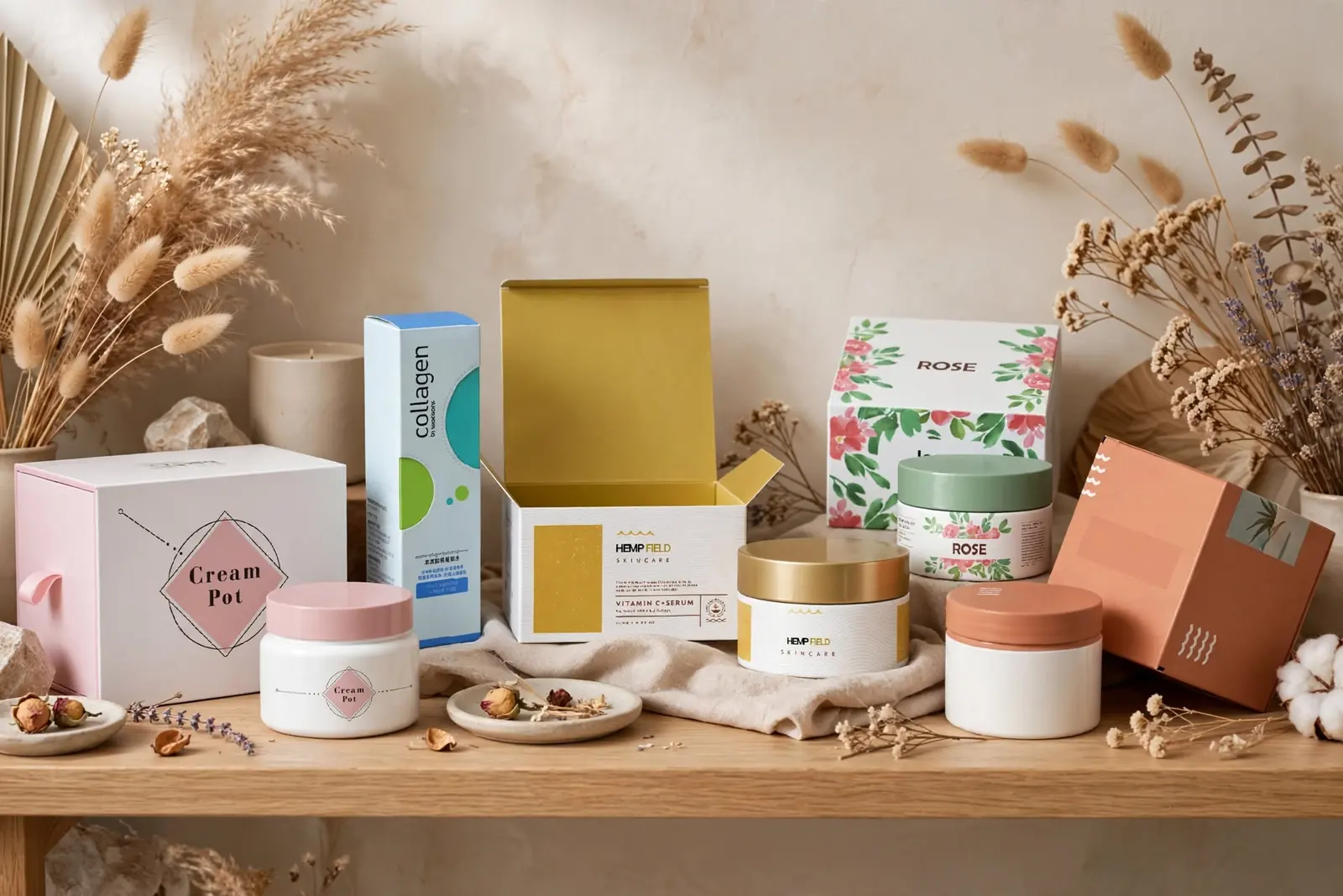 Cream jars and printed cosmetic cartons on a shelf
