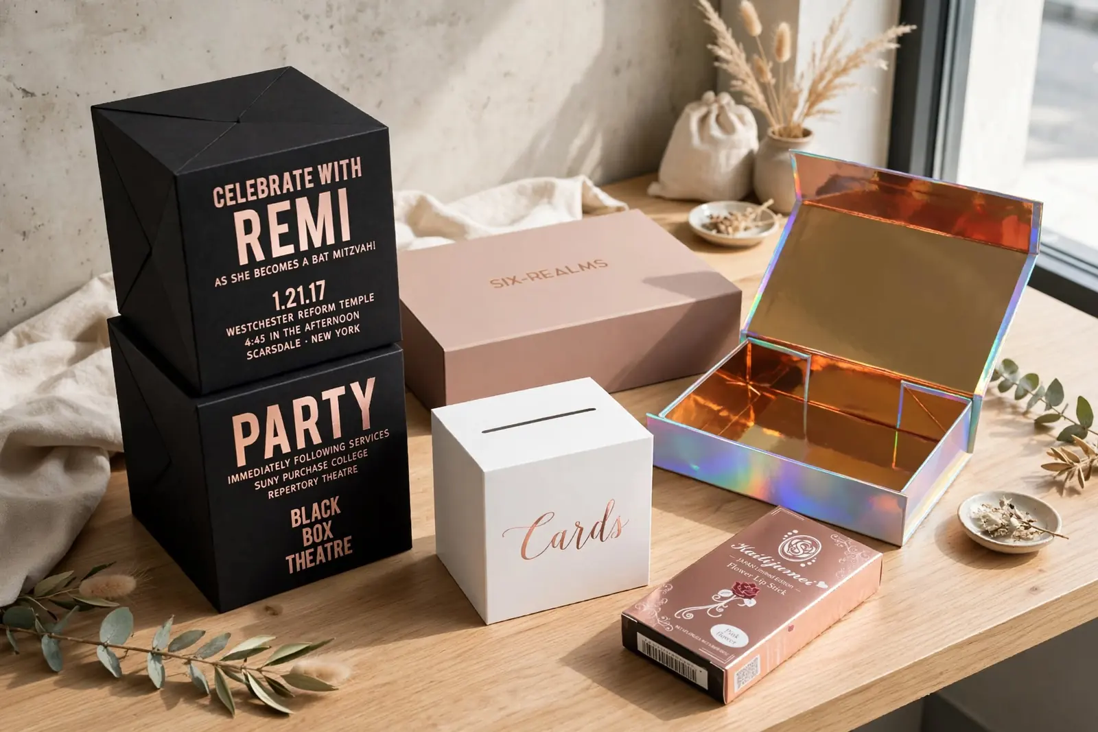 Holographic and rose gold foil boxes on a table
