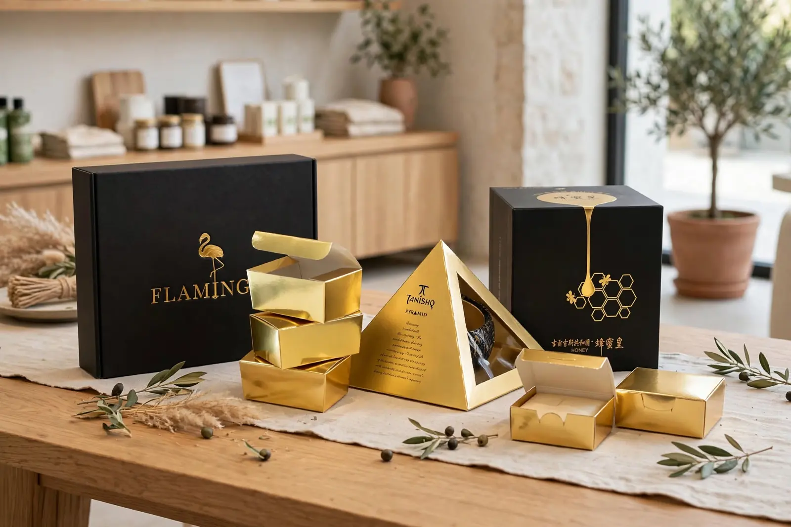 Gold foil boxes, including pyramid and cube styles