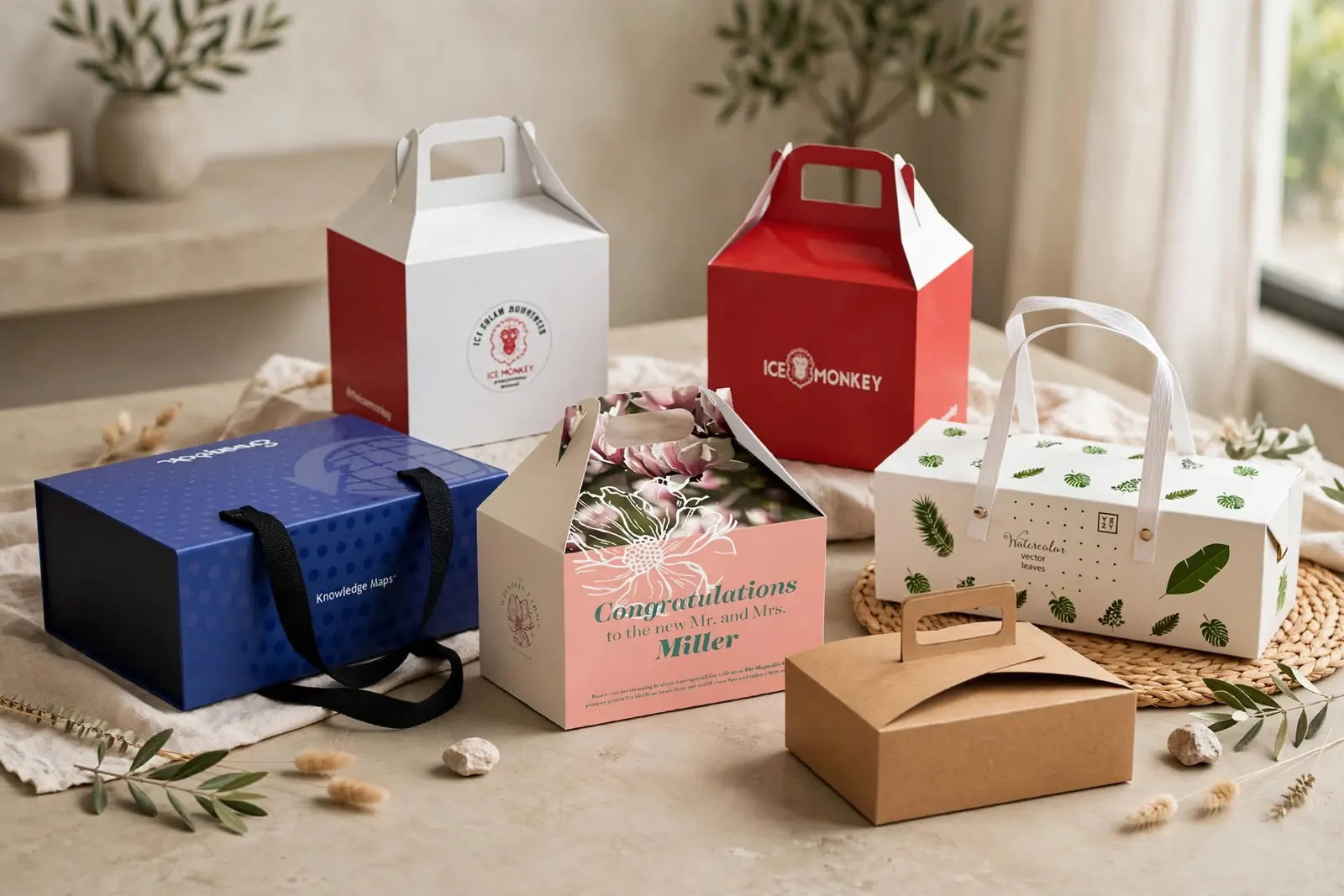 Custom Handle Boxes in a range of printed designs