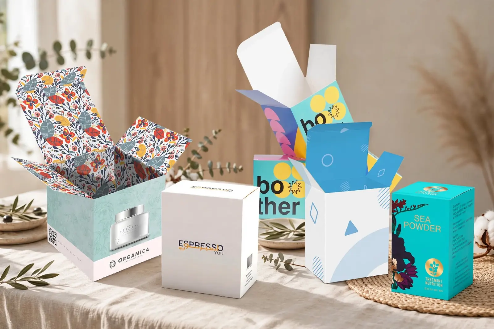 Tuck end cartons with patterned and plain panels