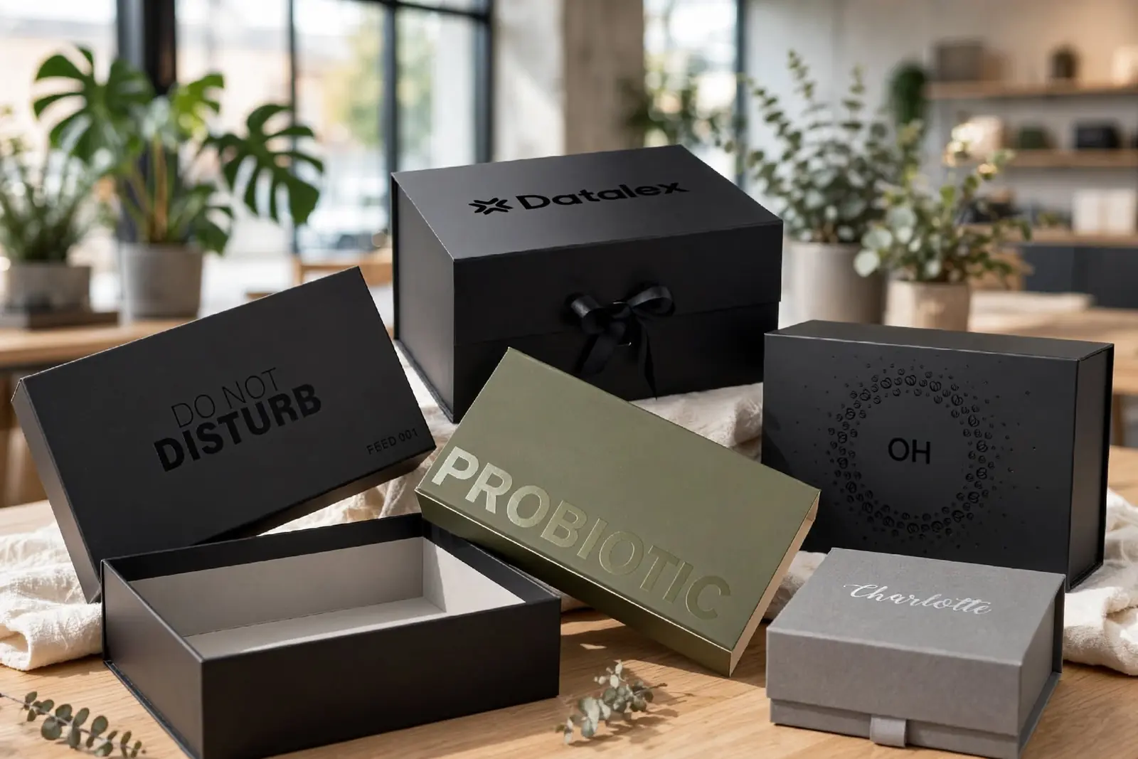 Soft touch and matte laminated boxes in black and olive