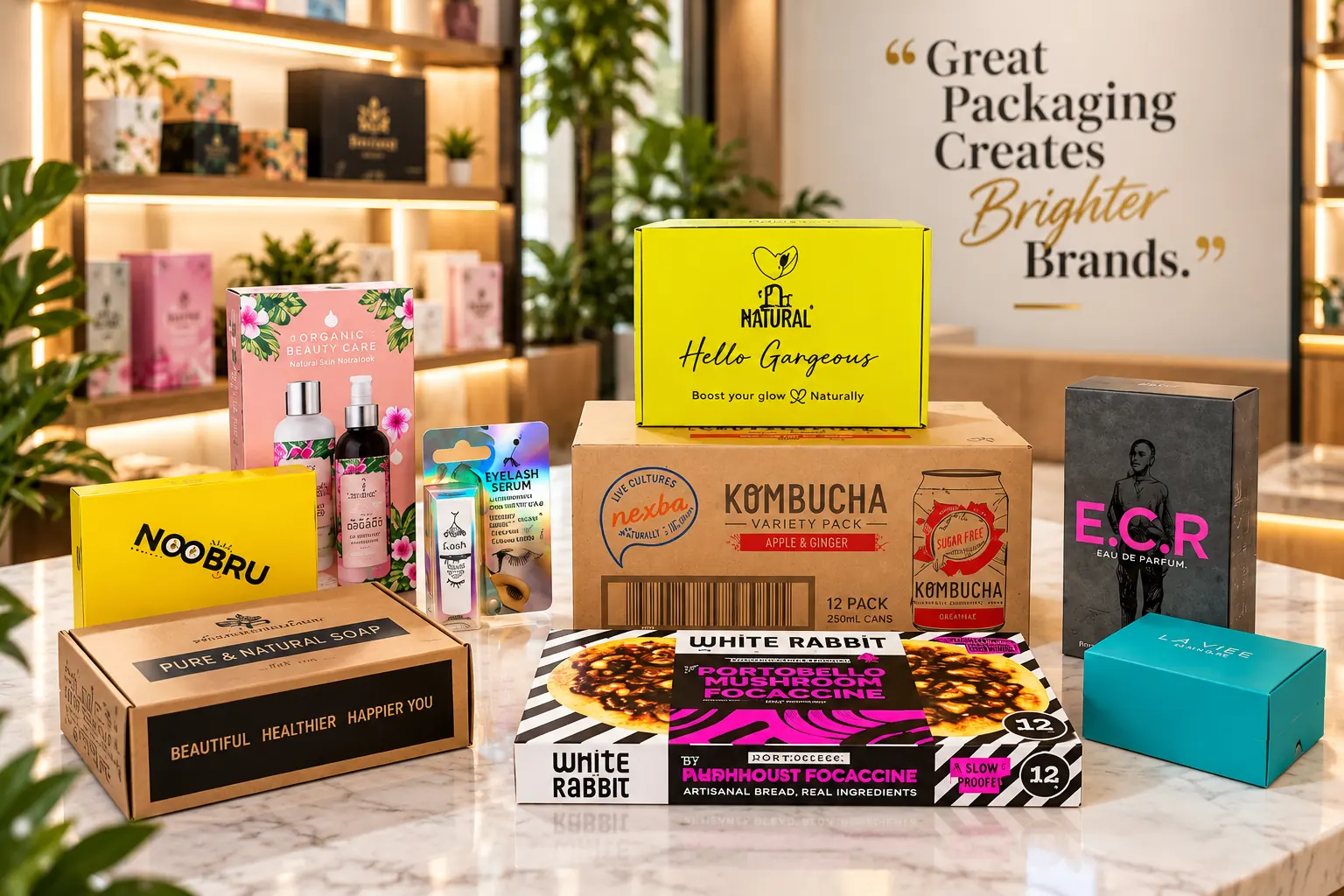 Printed mailers, retail cartons and food boxes on a counter