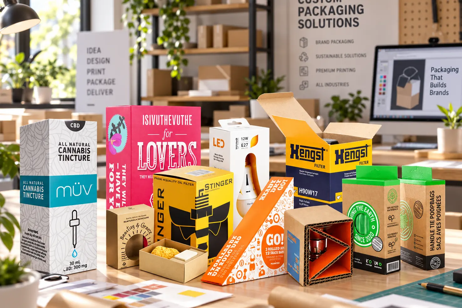 Printed retail cartons and cannabis packaging on a table