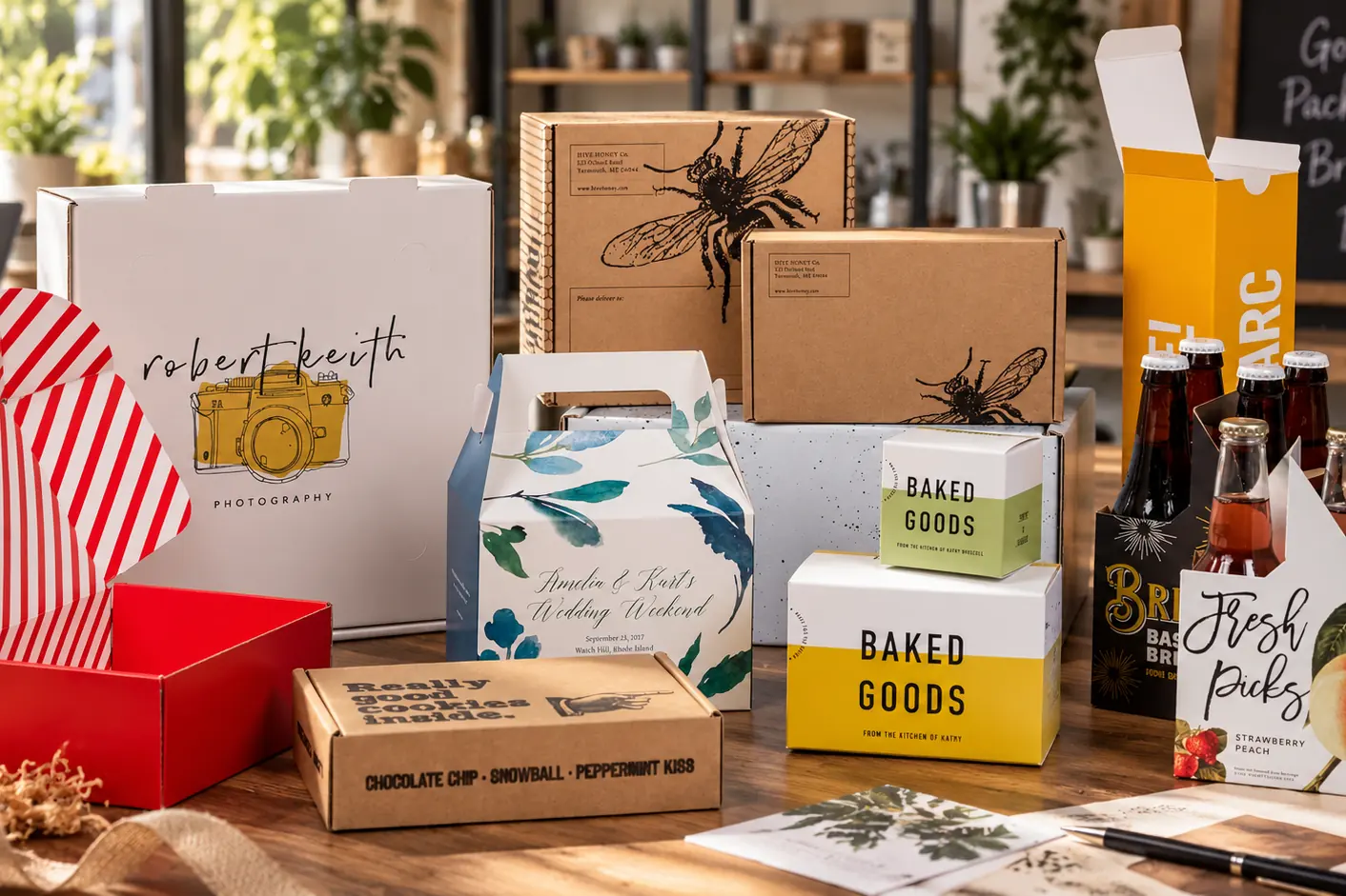 Handle, bakery and gift boxes in printed designs