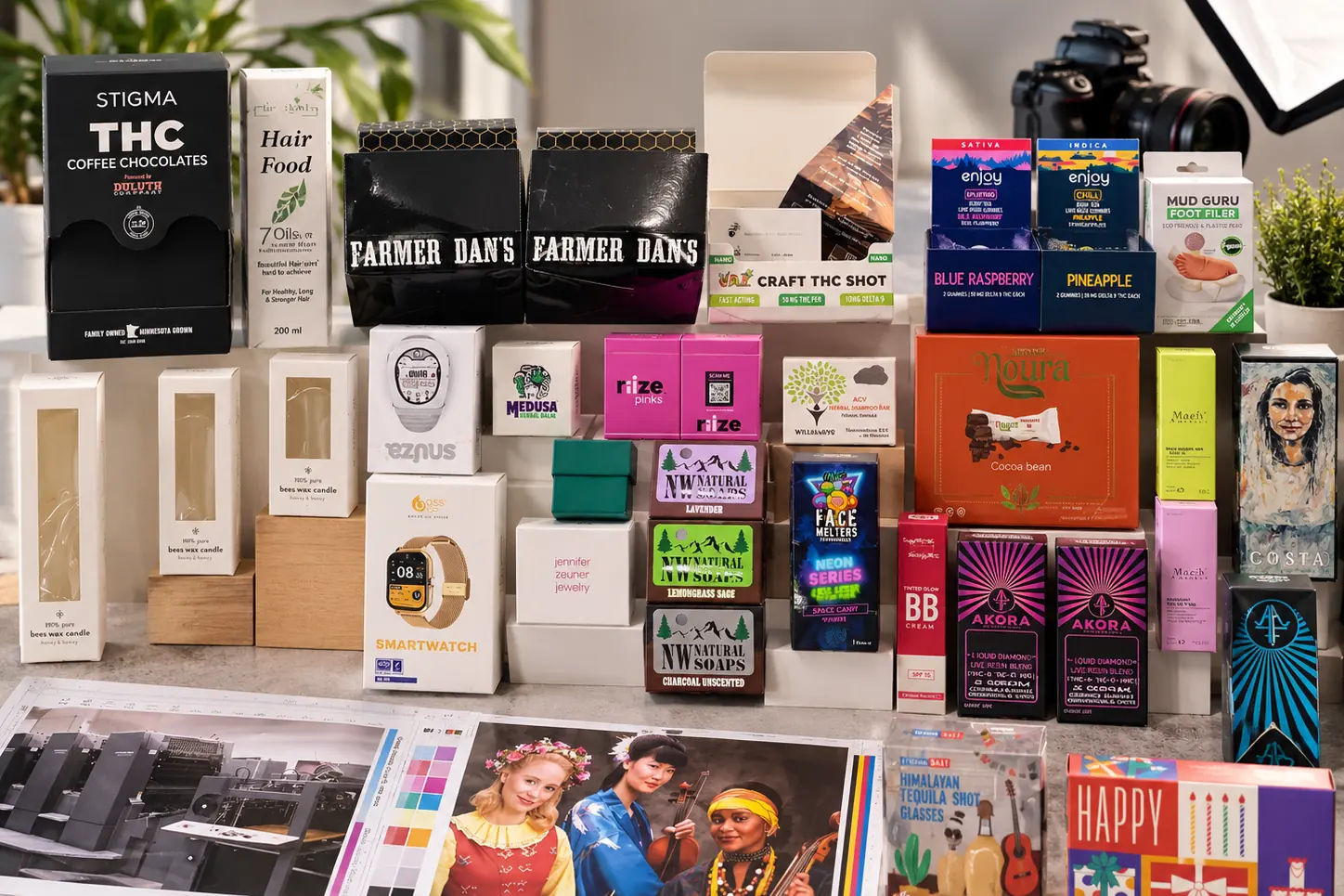 Dozens of printed product cartons, pouches and boxes on display