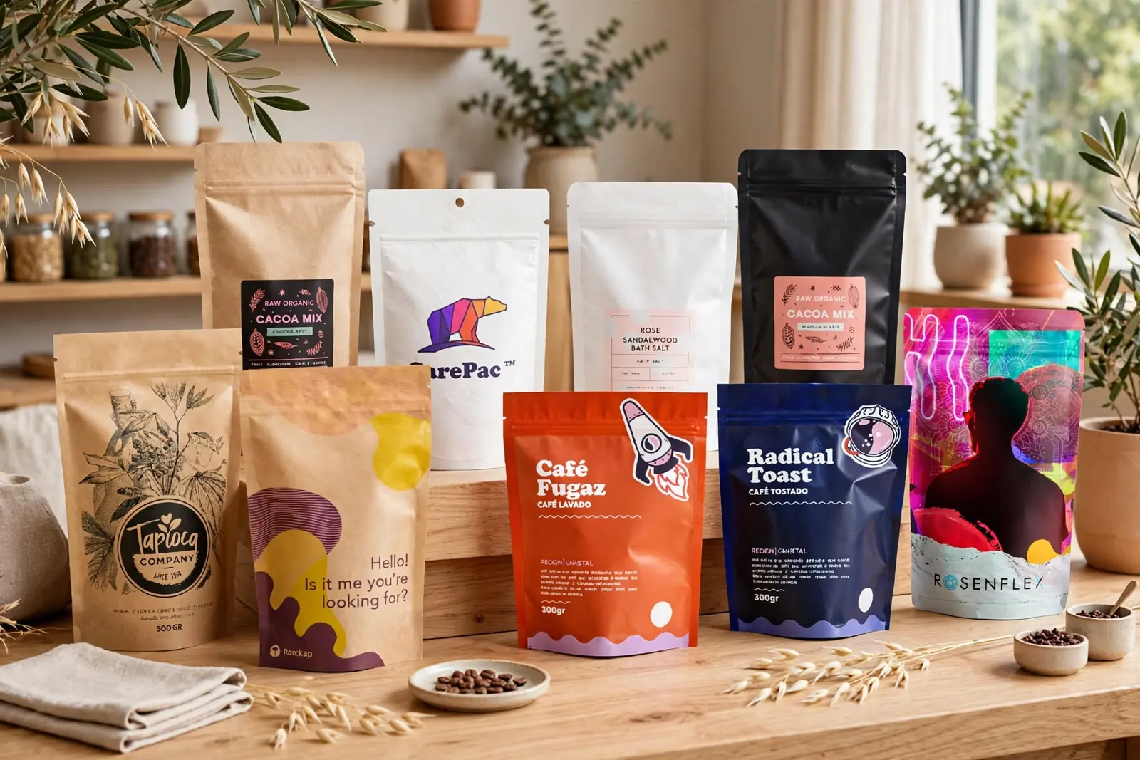 Custom Pouches in a range of printed designs