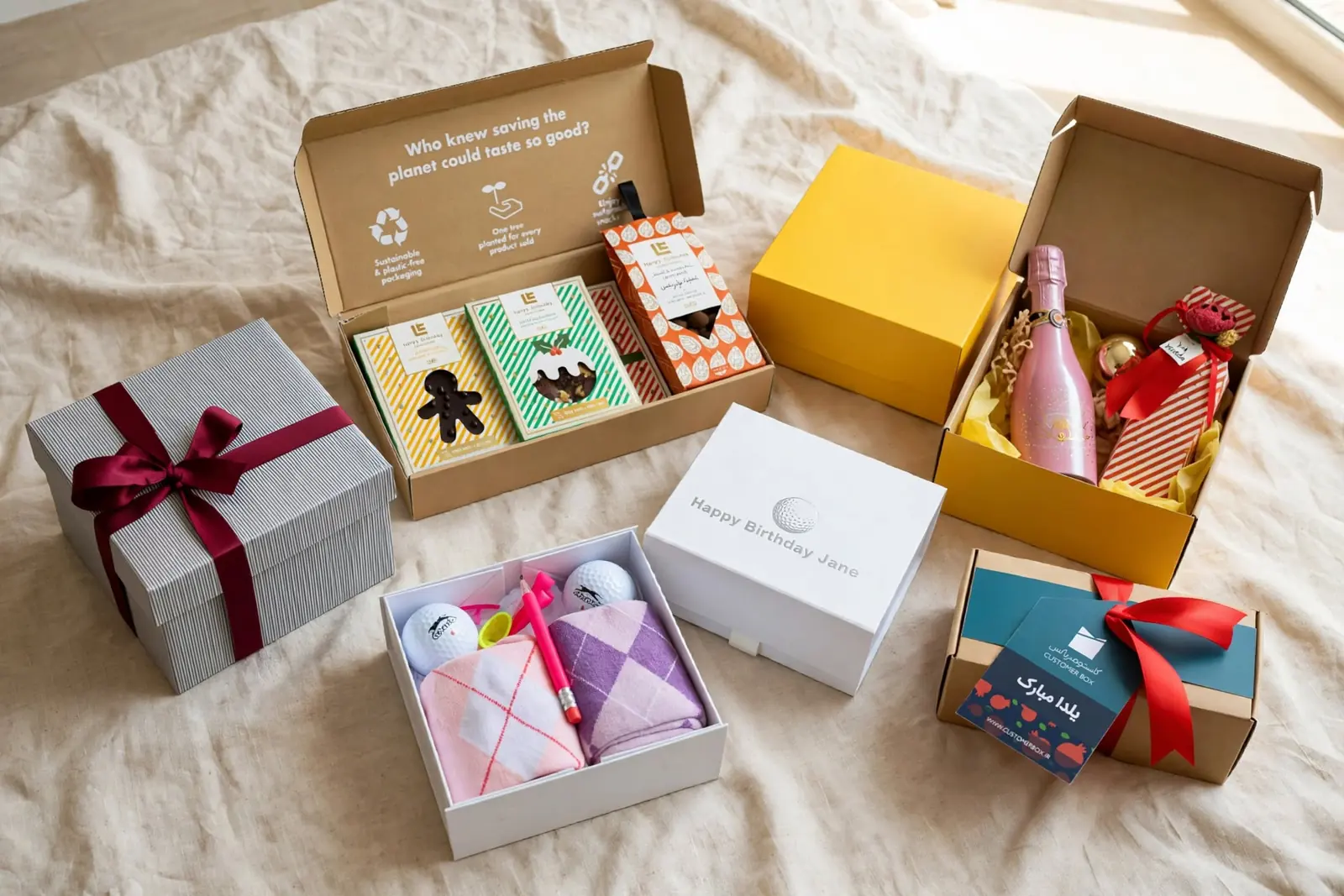 Gift boxes with ribbons, trays and printed lids