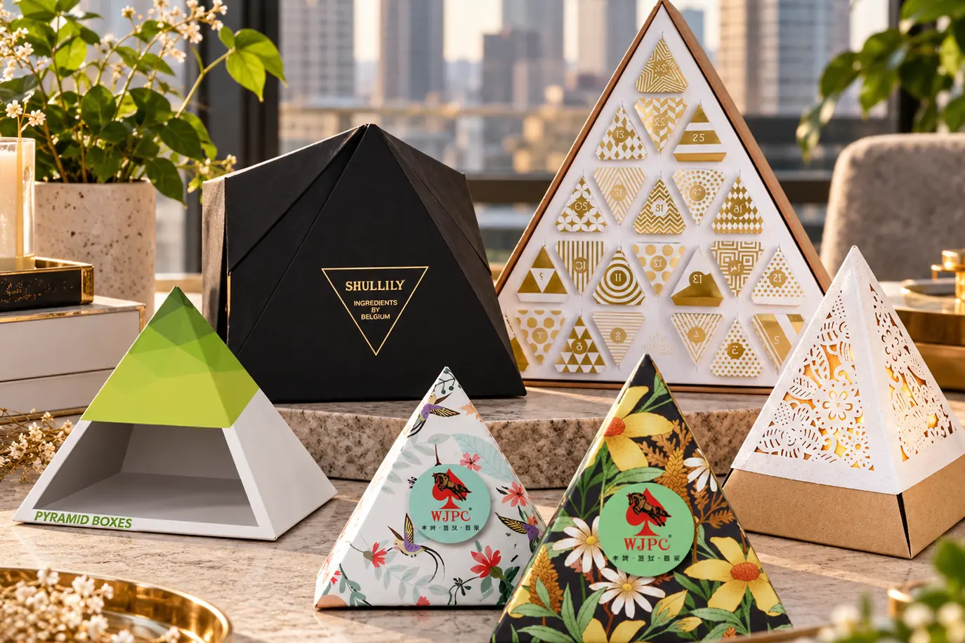 Custom Pyramid Boxes in a range of printed designs