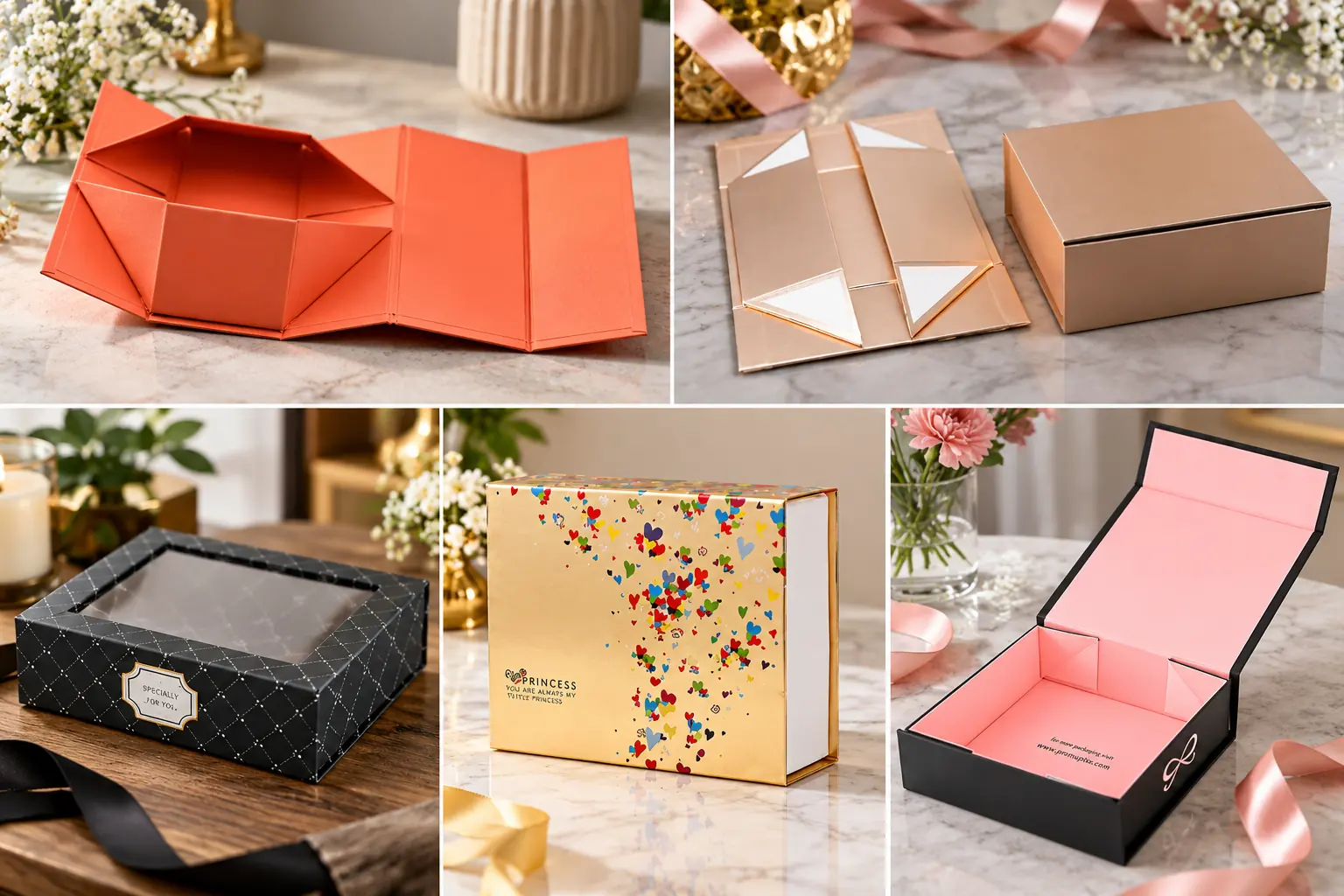 Custom Rigid Collapsible Boxes in a range of printed designs