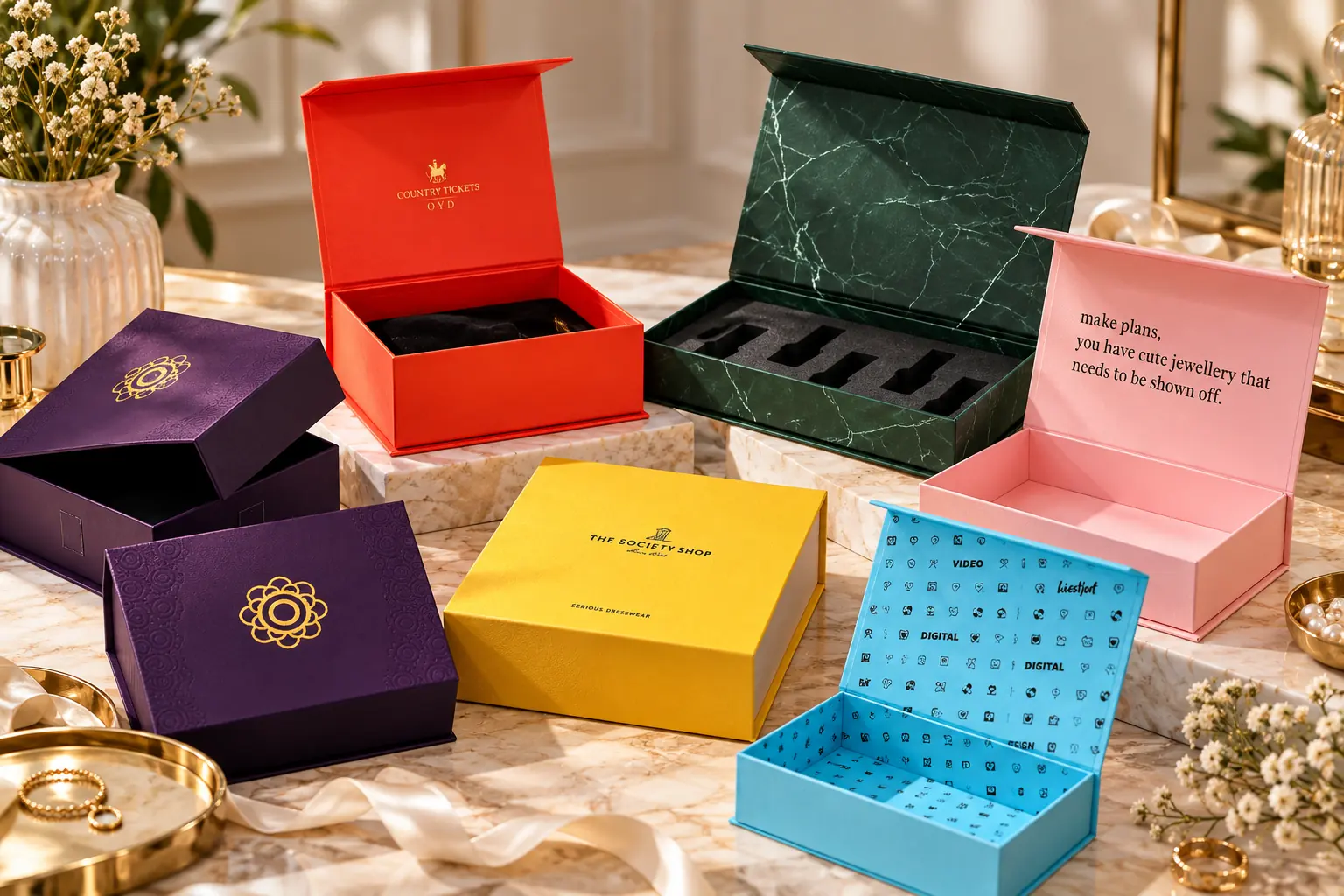 Rigid magnetic flap boxes in five colours
