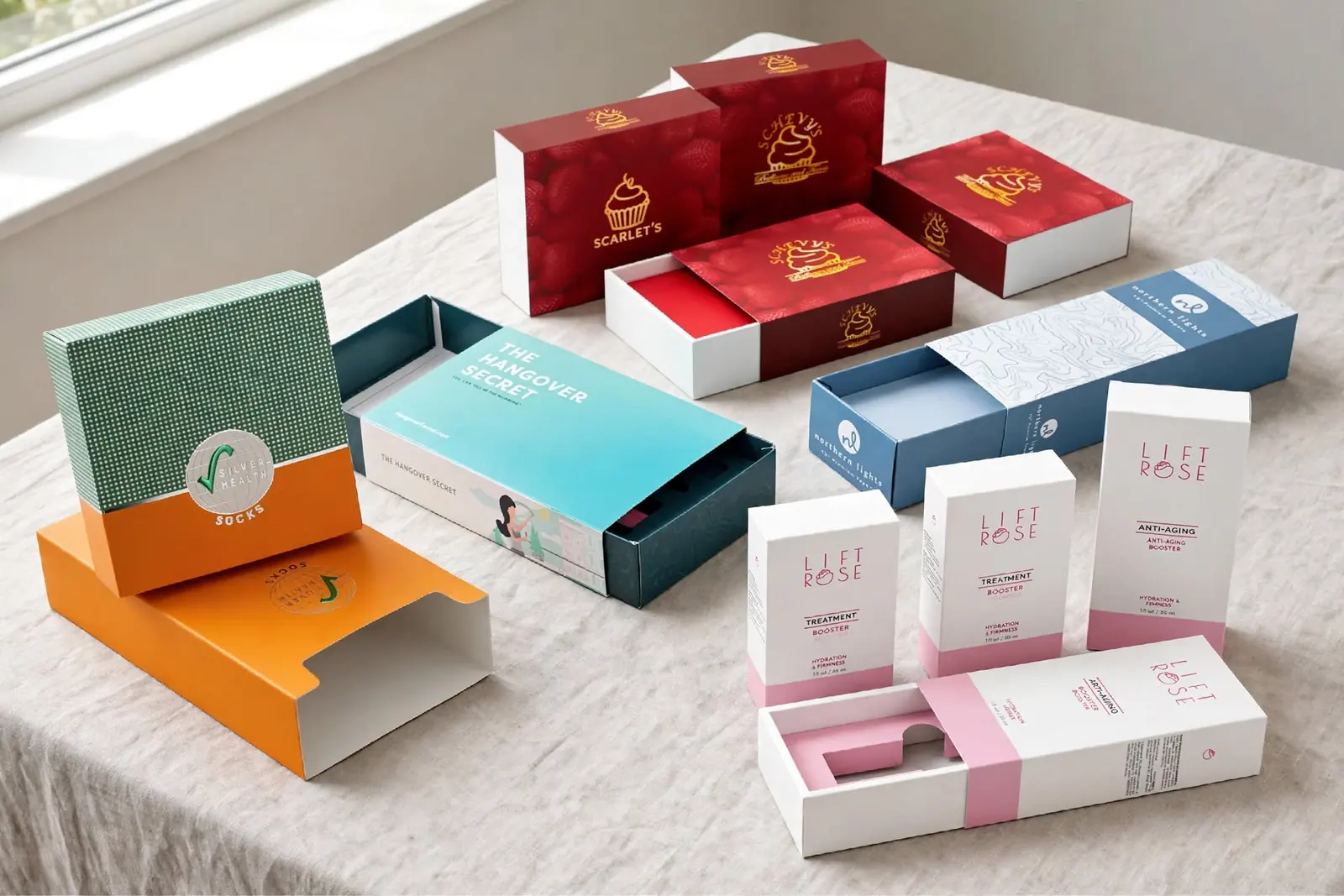 Custom Rigid Sleeve & Tray Boxes in a range of printed designs