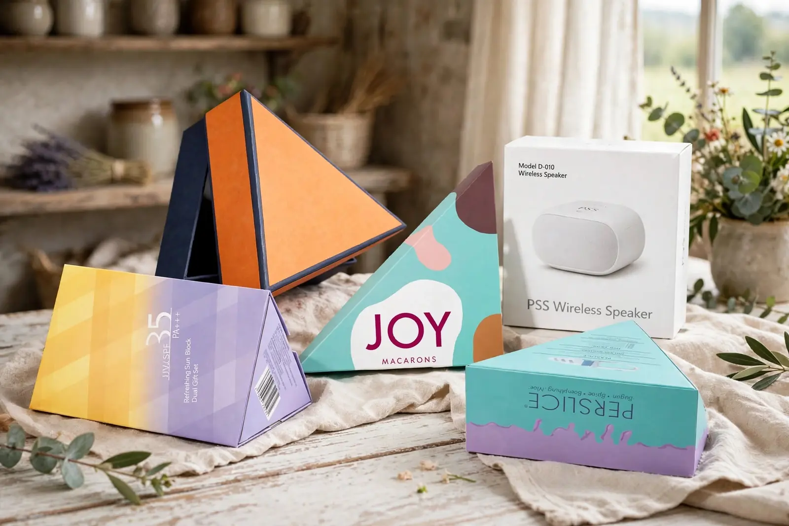 Custom Rigid Triangle Boxes in a range of printed designs