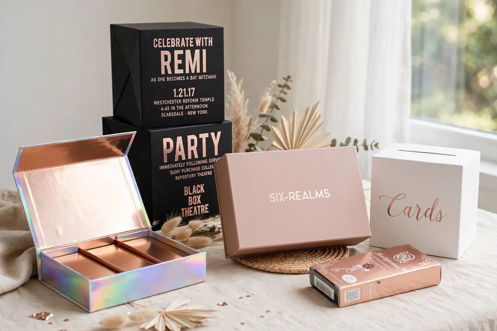 Rose gold foil and holographic boxes