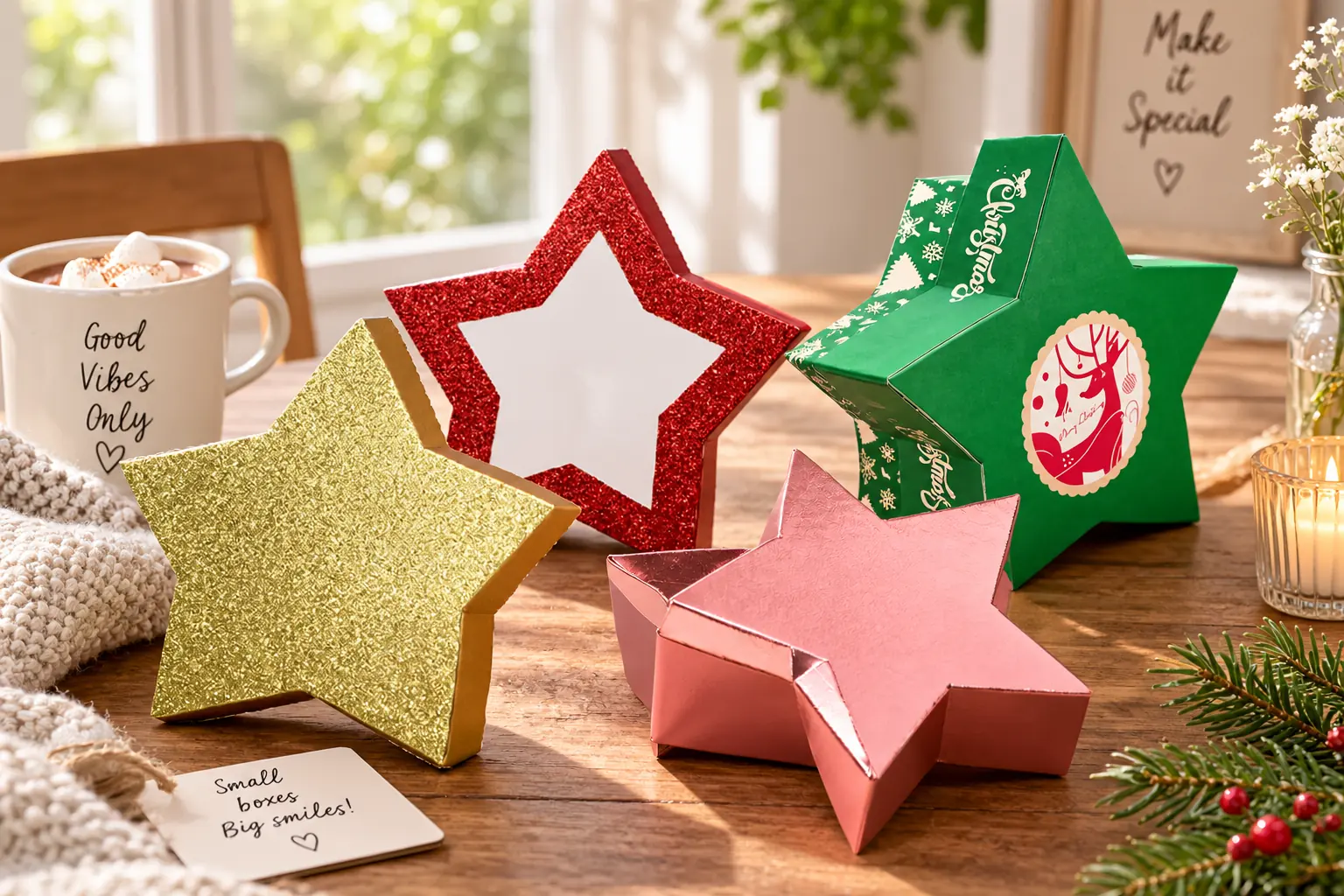 Star-shaped boxes in glitter gold, red and pink