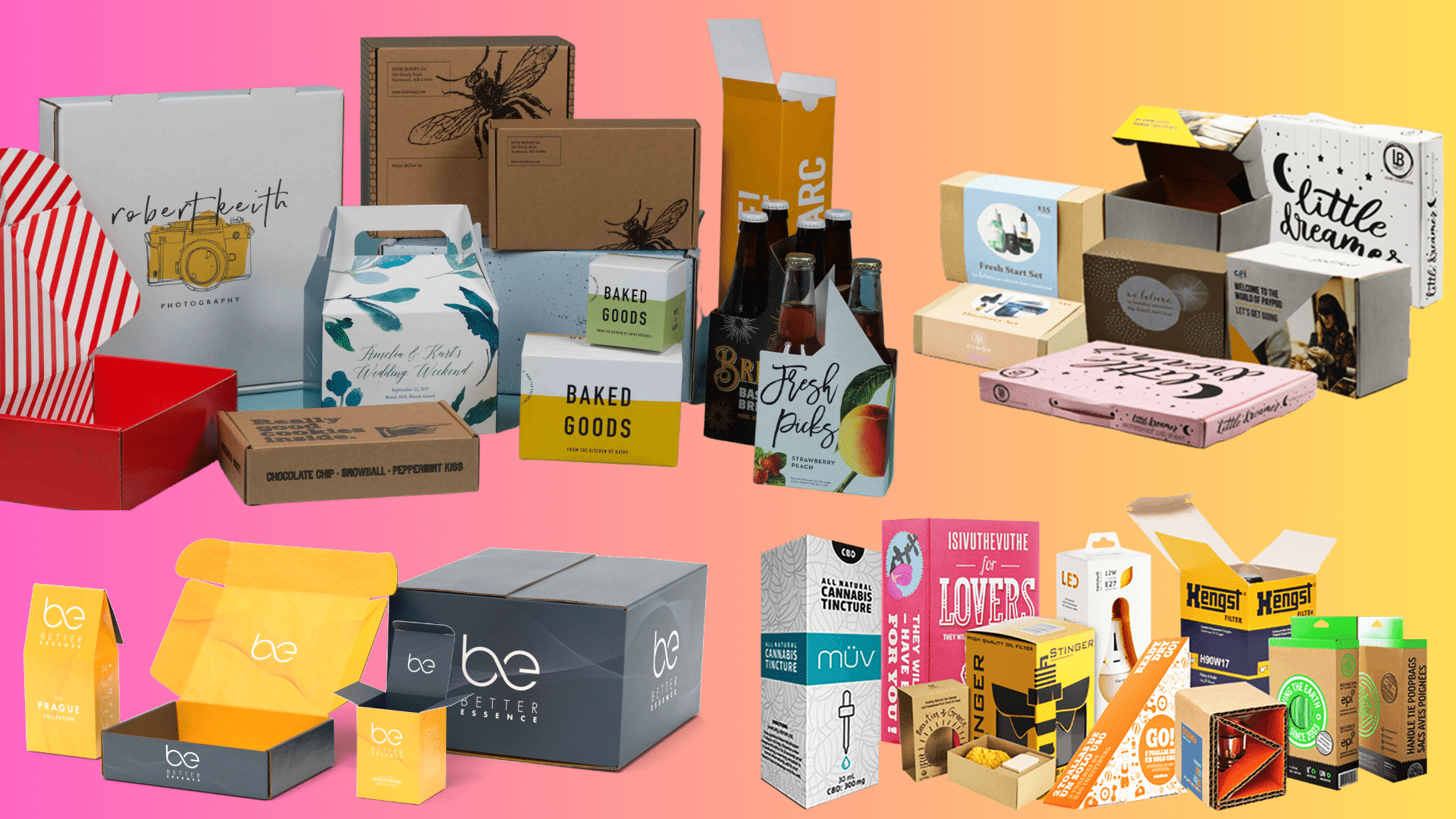 A group of custom packaging and boxes on a gradient background